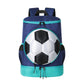 Sports backpack with soccer ball compartment, navy with teal trim and black side pockets