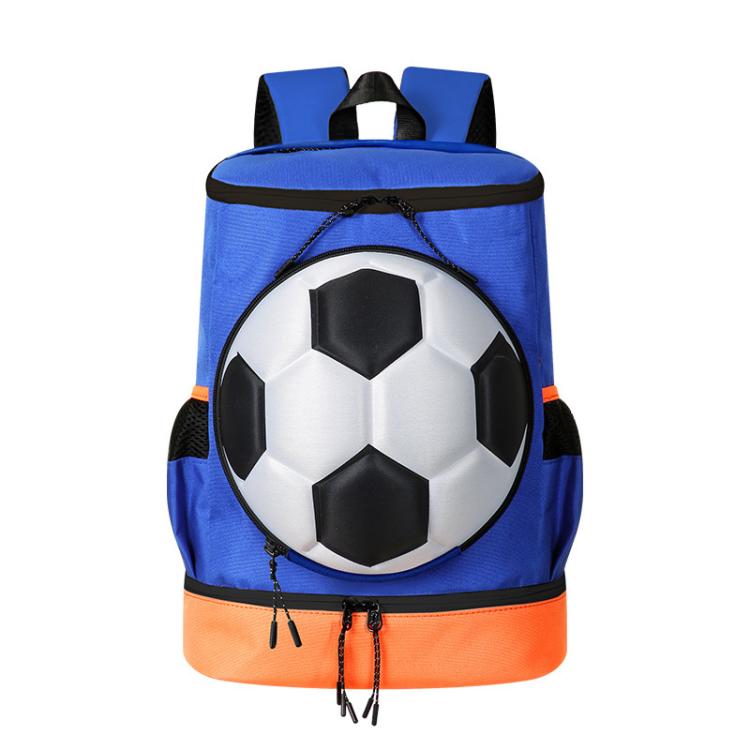 Sports backpack with soccer ball compartment, blue with orange bottom and black side pockets