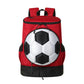 Sports backpack with soccer ball compartment, red with black base and black side mesh pockets