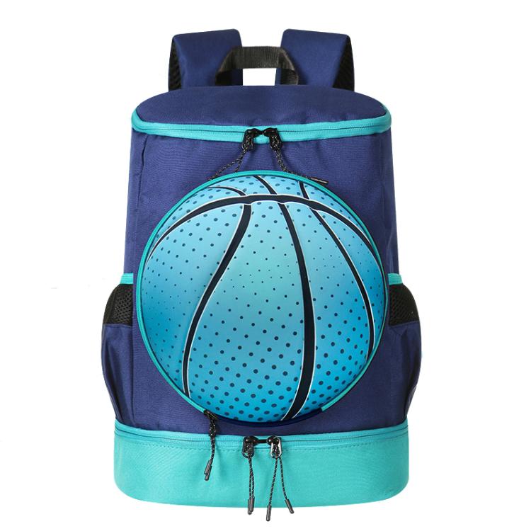 Sports backpack with basketball ball compartment, navy with teal trim and black side pockets