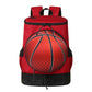 Sports backpack with basketball ball compartment, red with black base and side mesh pockets