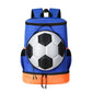 Blue sports backpack with front soccer-ball panel and orange bottom with zip details