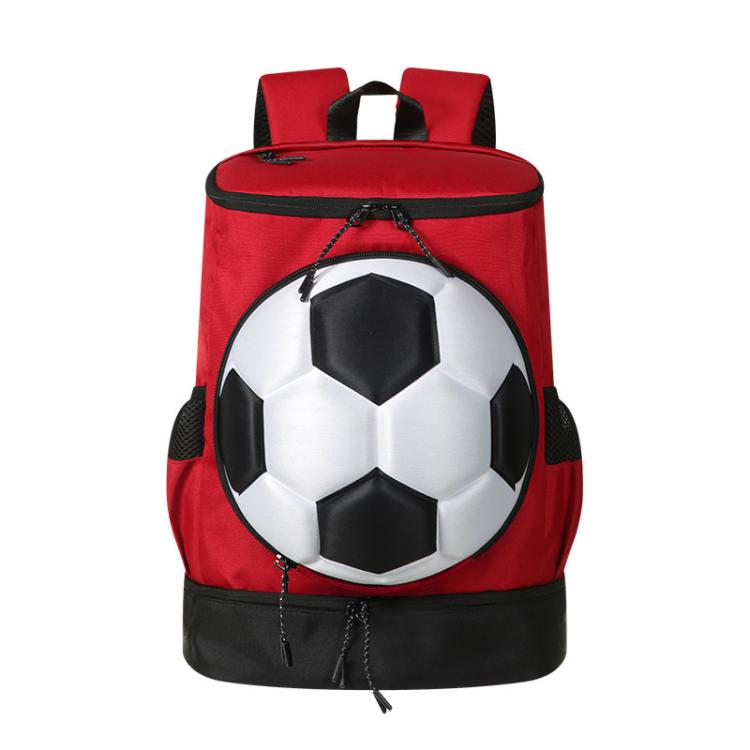Red sports backpack with front soccer-ball panel and black bottom with zip pockets