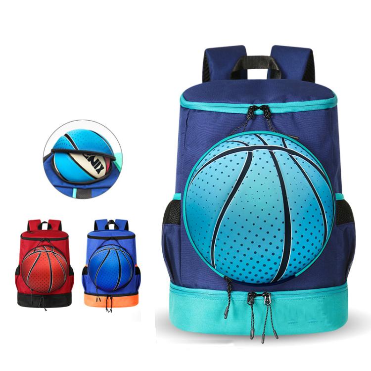 Blue sports backpack with turquoise ball holder panel and basketball graphic, side pockets