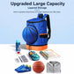 Blue sports backpack with front ball pocket, orange base, and black shoulder straps