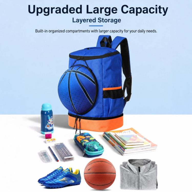 Blue sports backpack with front ball pocket, orange base, and black shoulder straps
