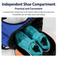 Blue sports backpack with bottom shoe compartment, showing teal sneakers and orange trim