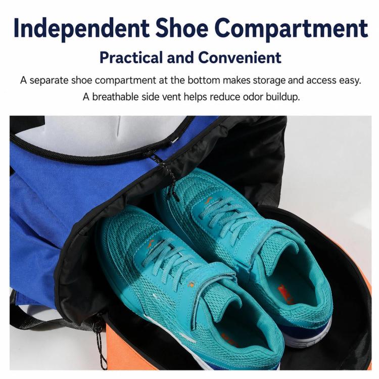 Blue sports backpack with bottom shoe compartment, showing teal sneakers and orange trim