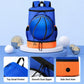 Blue sports backpack with basketball front pouch and orange bottom, side vent holes