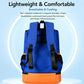 Blue sports backpack with padded back and padded shoulder straps, orange-trimmed base