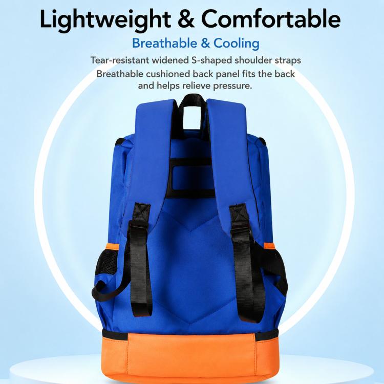 Blue sports backpack with padded back and padded shoulder straps, orange-trimmed base