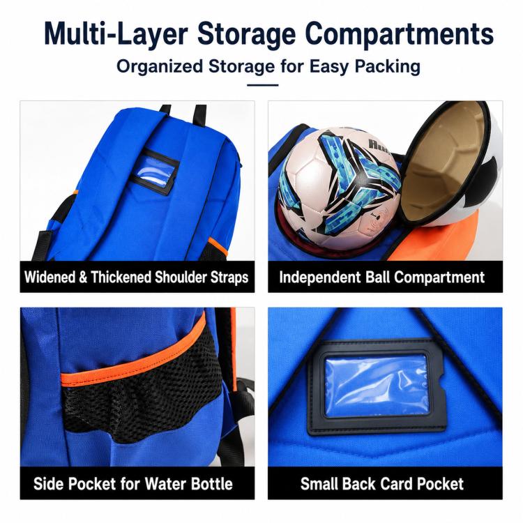 Blue sports backpack with ball compartment, side water pocket, and small back card pocket