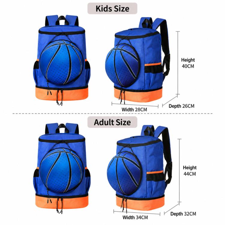Blue basketball backpack showing kids and adult sizes, with orange bottom and front ball pouch