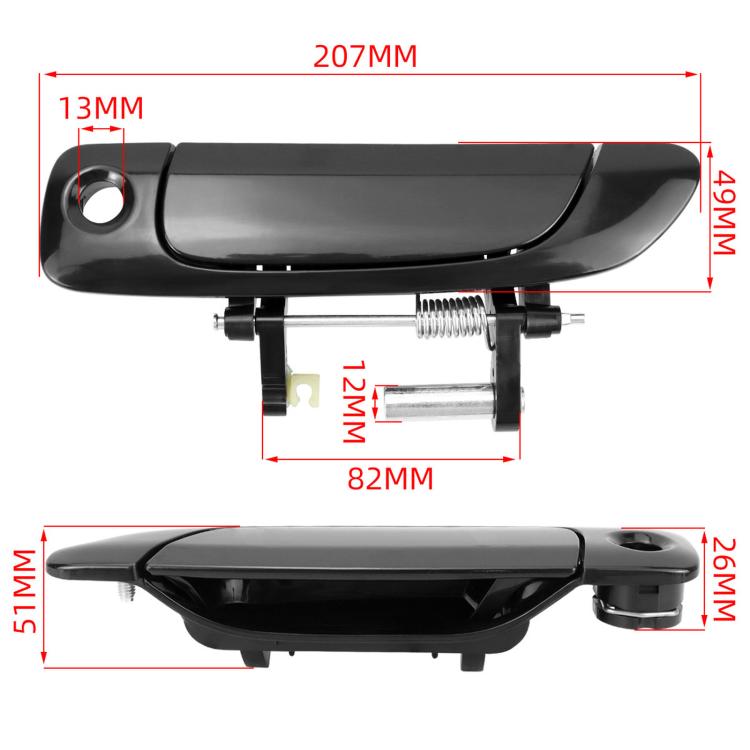 Black exterior door handle with circular keyhole-style opening and mounting hardware