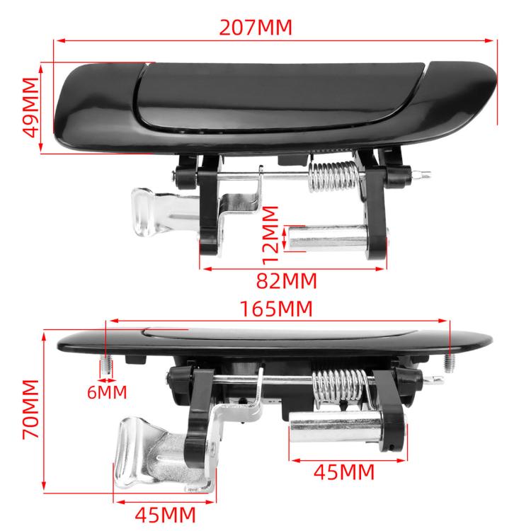 Black exterior door handle with attached mounting hardware and actuator parts