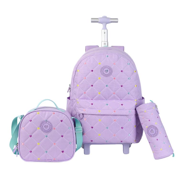 Kids Rolling Backpack 3 Piece Set Quilted Heart Wheeled School Bag with Lunch Box & Pencil Case for Girls
