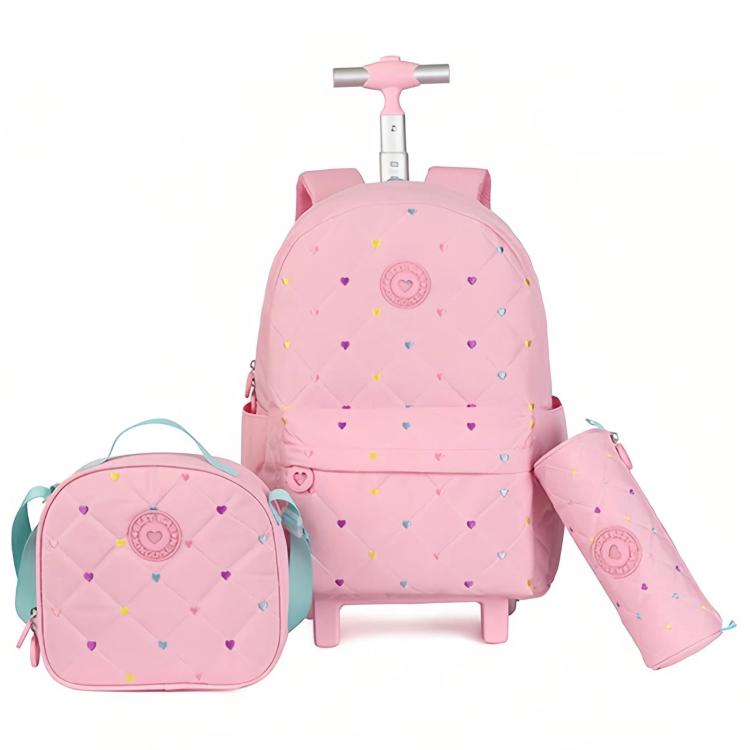 Kids Rolling Backpack 3 Piece Set Quilted Heart Wheeled School Bag with Lunch Box & Pencil Case for Girls