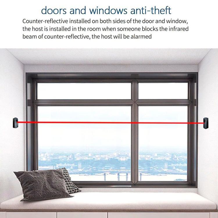 Infrared anti-theft detector mounted beside a window, with a red beam line