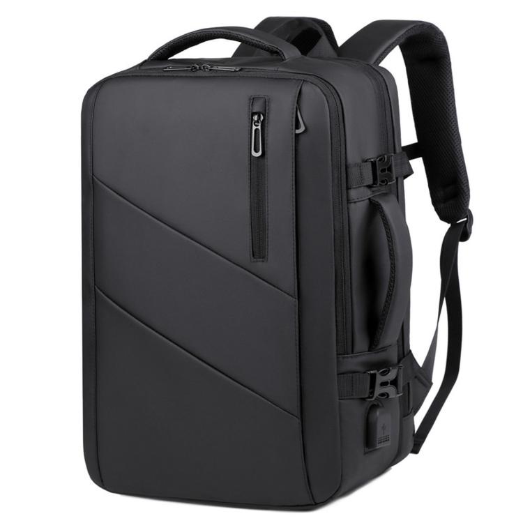 Expandable travel laptop backpack with front zip pocket and adjustable shoulder straps, black