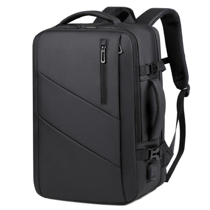 Expandable travel laptop backpack with front zip pocket and adjustable shoulder straps, black