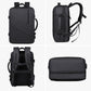 Expandable laptop backpack, front and back views with shoulder straps, black