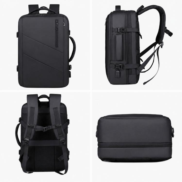 Expandable laptop backpack, front and back views with shoulder straps, black