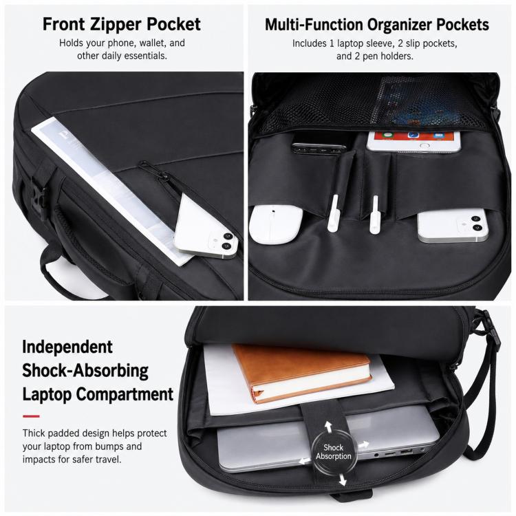 Black front zip travel laptop backpack with organizer pockets and phone sleeve