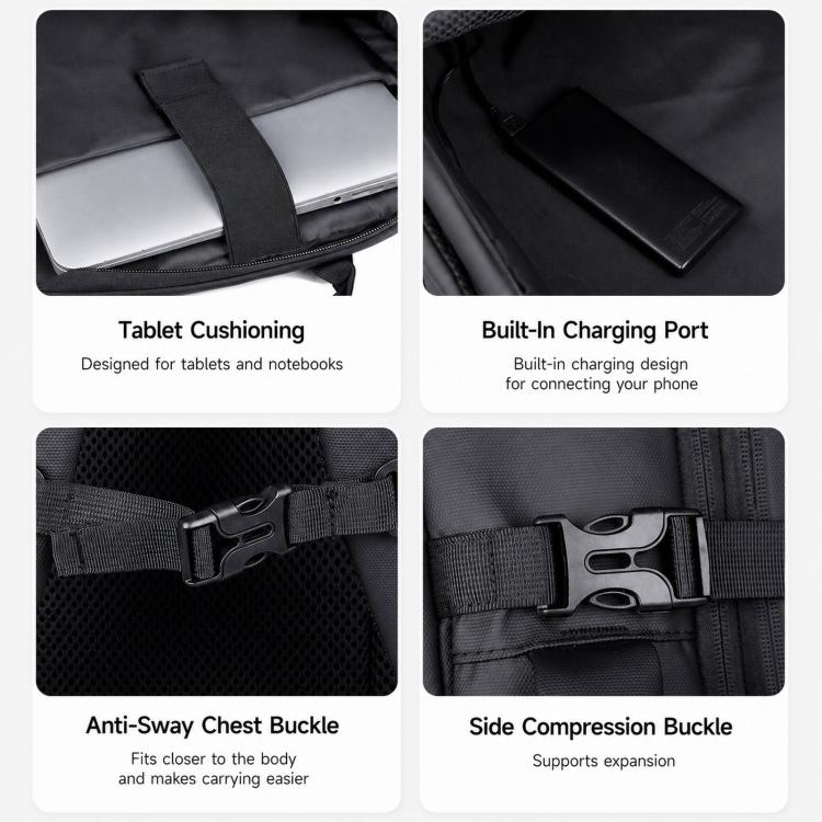 Black travel laptop backpack with built-in charging port, anti-sway chest buckle