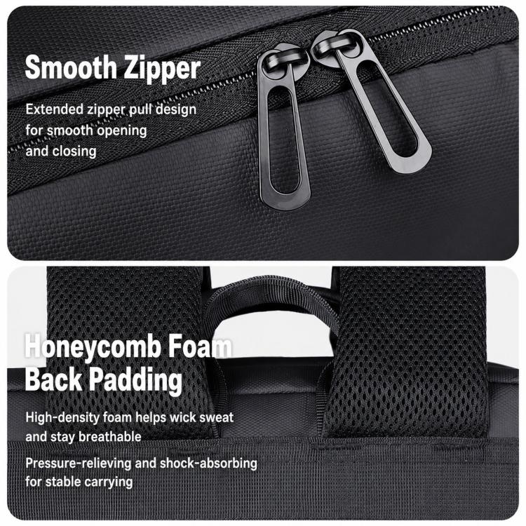 Black travel laptop backpack with smooth zipper and honeycomb foam back padding