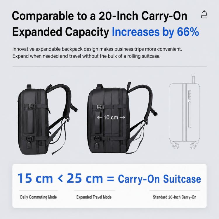 Expandable backpack for carry-on travel, expanded design shown from side view, black