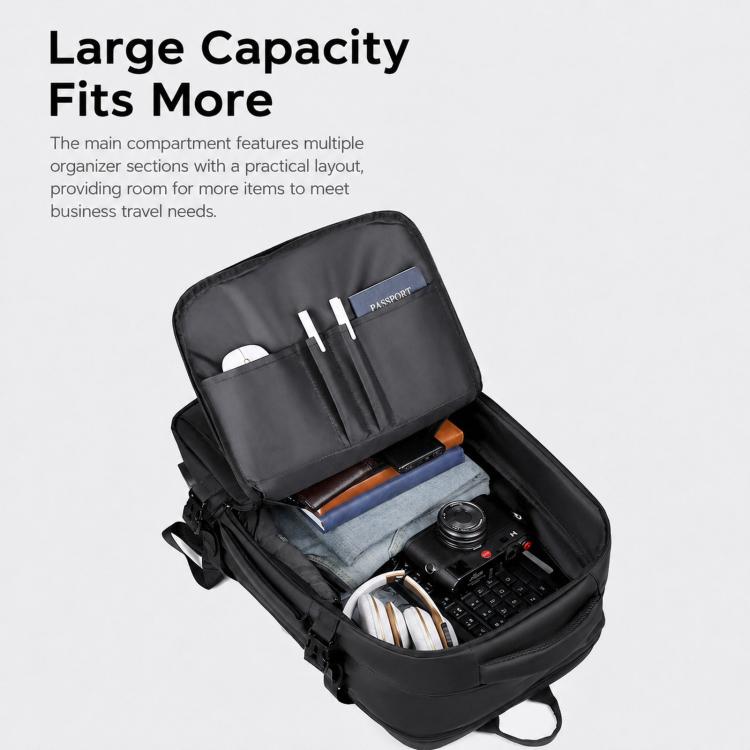 Expandable laptop backpack open to reveal interior compartments for larger capacity, black