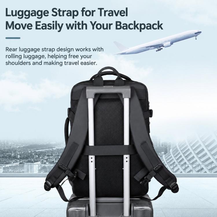 Expandable laptop backpack with rear luggage strap for attaching to rolling suitcase, black