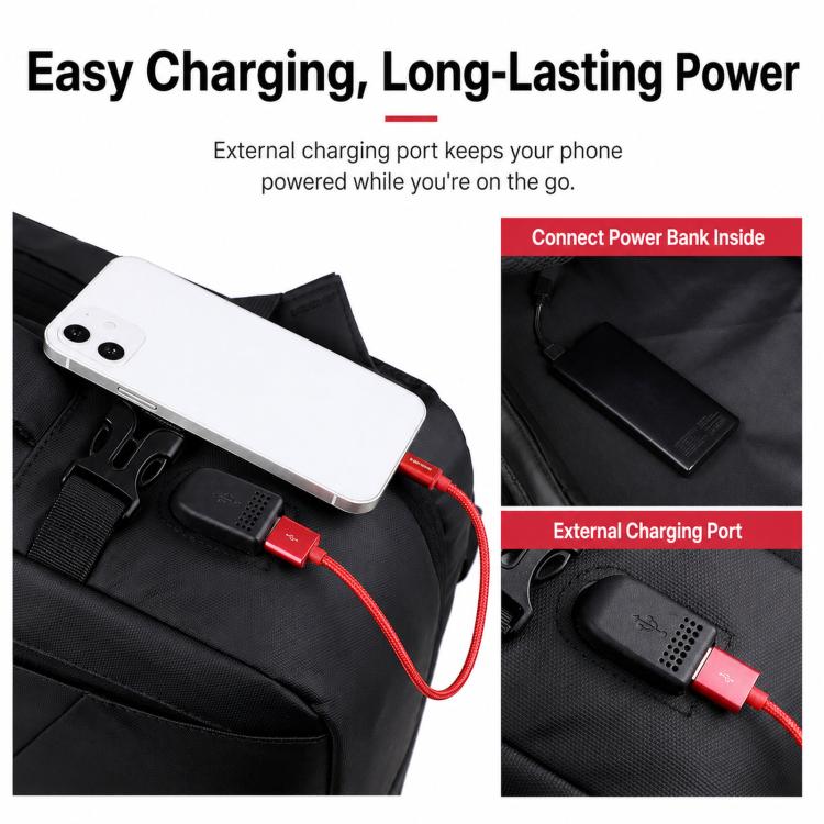 Black expandable travel laptop backpack with external charging port and USB cable