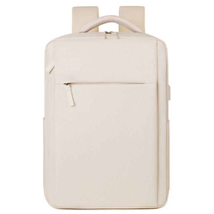 Beige waterproof laptop backpack with top handle and front zip pocket