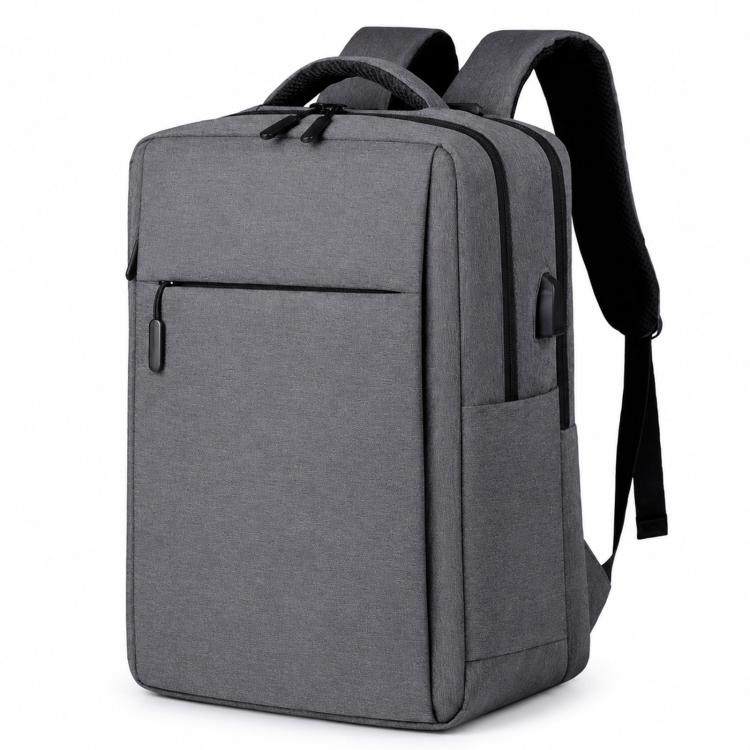 Dark gray waterproof laptop backpack with front pocket and adjustable shoulder strap