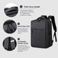 Black laptop backpack showing thick carry handle, smooth zip pull, and padded shoulder straps