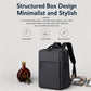 Structured black laptop backpack with boxy shape and top carry handles