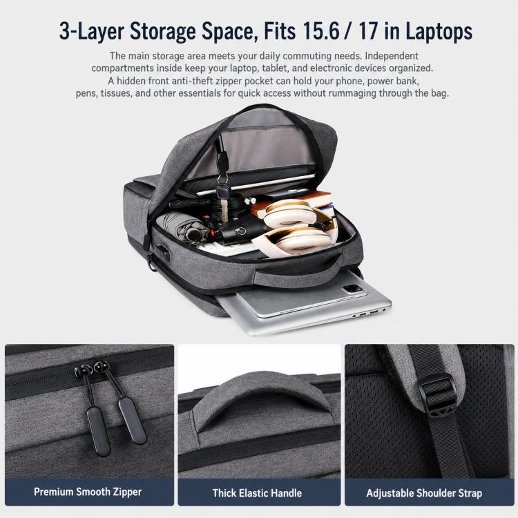 Gray laptop backpack open showing layered interior compartments and laptop sleeve
