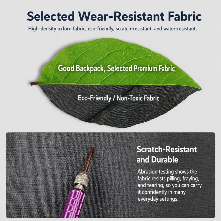 Dark gray laptop backpack fabric texture, showing durable scratch-resistant finish