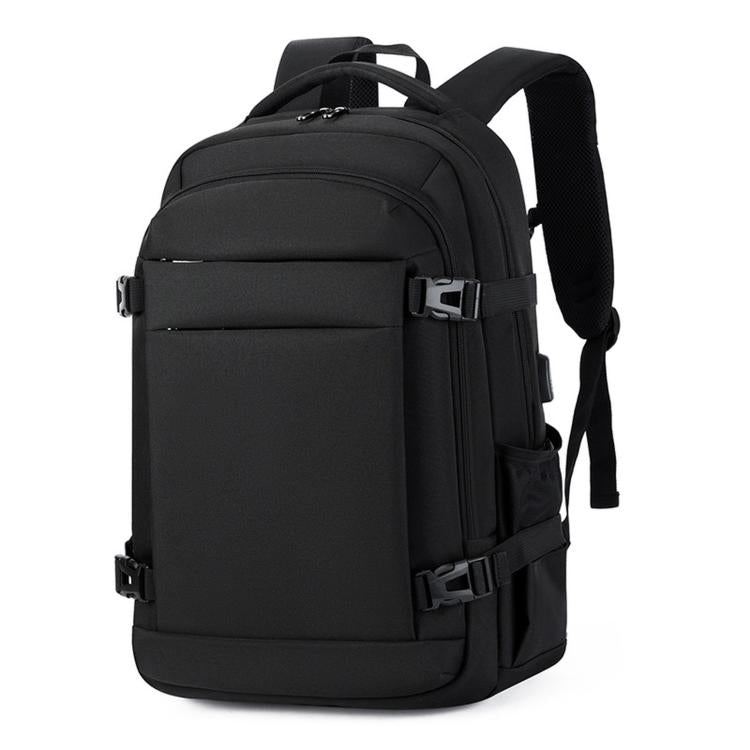 Black laptop travel backpack with front zip pocket and adjustable shoulder straps