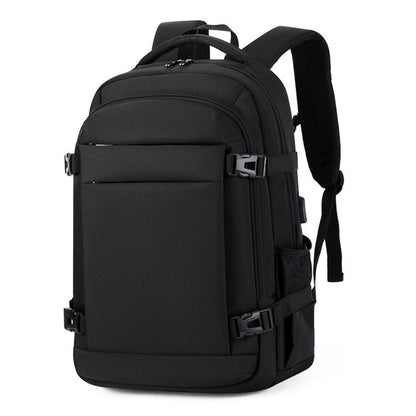 Black laptop travel backpack with front zip pocket and adjustable shoulder straps