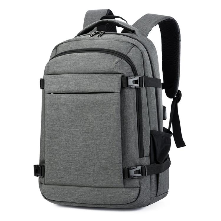 Gray laptop backpack with front zip panel, chest strap, and padded shoulder straps