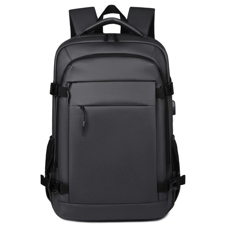 Black laptop backpack with top handle, front organizer pocket, and padded back straps