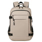 Beige laptop backpack with front zip organizer, side straps, and padded shoulder straps