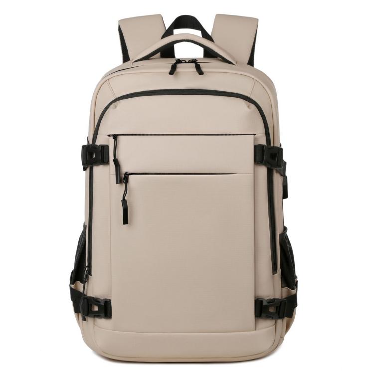 Beige laptop backpack with front zip organizer, side straps, and padded shoulder straps