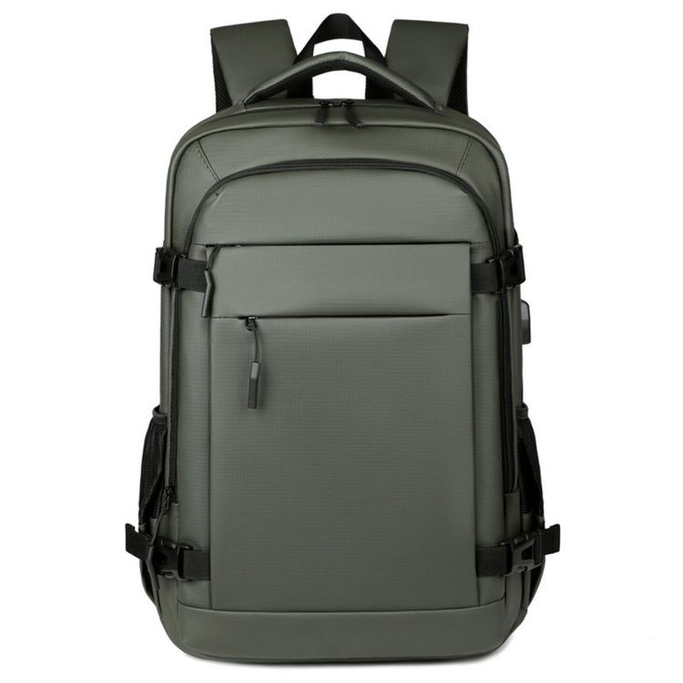 Olive green laptop backpack with front zip pocket and adjustable padded shoulder straps