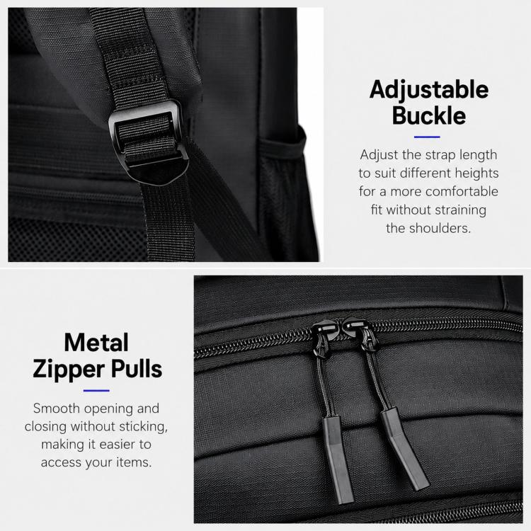 Black backpack straps with adjustable buckle and metal zipper pulls