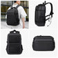 Black travel backpack shown from front, back, and side angles