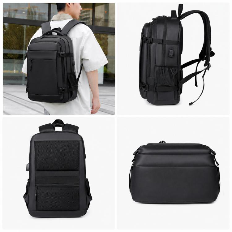 Black travel backpack shown from front, back, and side angles