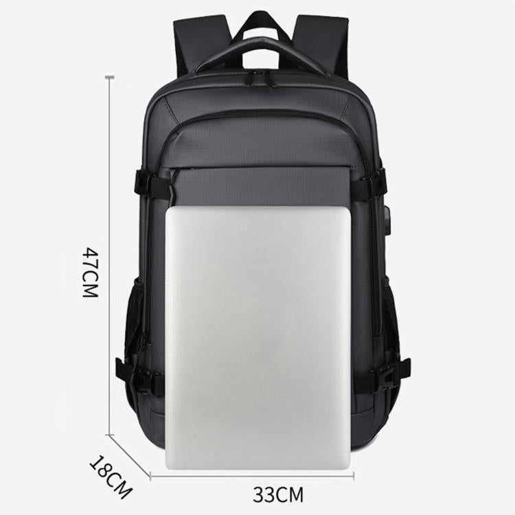 Black laptop backpack with labeled dimensions on front panel